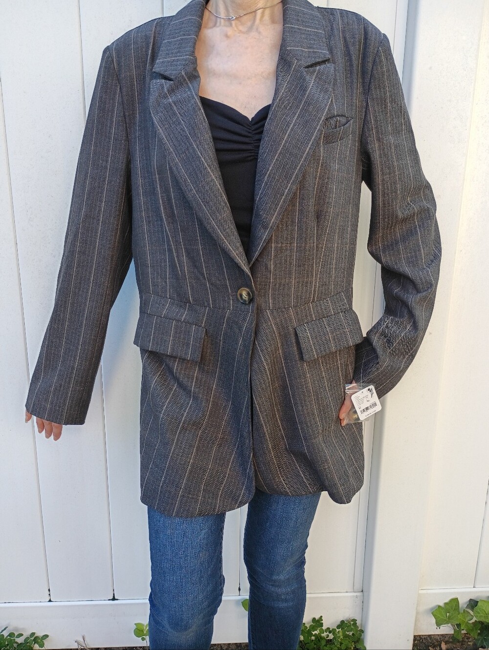 Size M Women's Free People Charlotte Gray Pinstripe Blazer Pleat Back Jacket